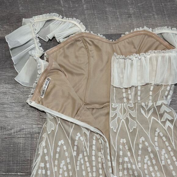 Saint + Secrets Dreamy Off Shoulder Mini Dress Womens M White Lace Pleated Hem - Picture 9 of 10